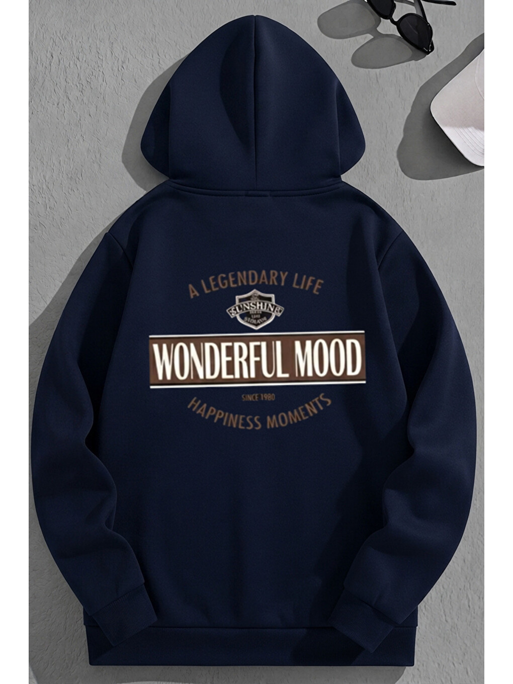 Unisex 3 İplik Pamuklu Lacivert Wonderfulmood Baskı Bol Kalıp Sweatshirt Hoodie