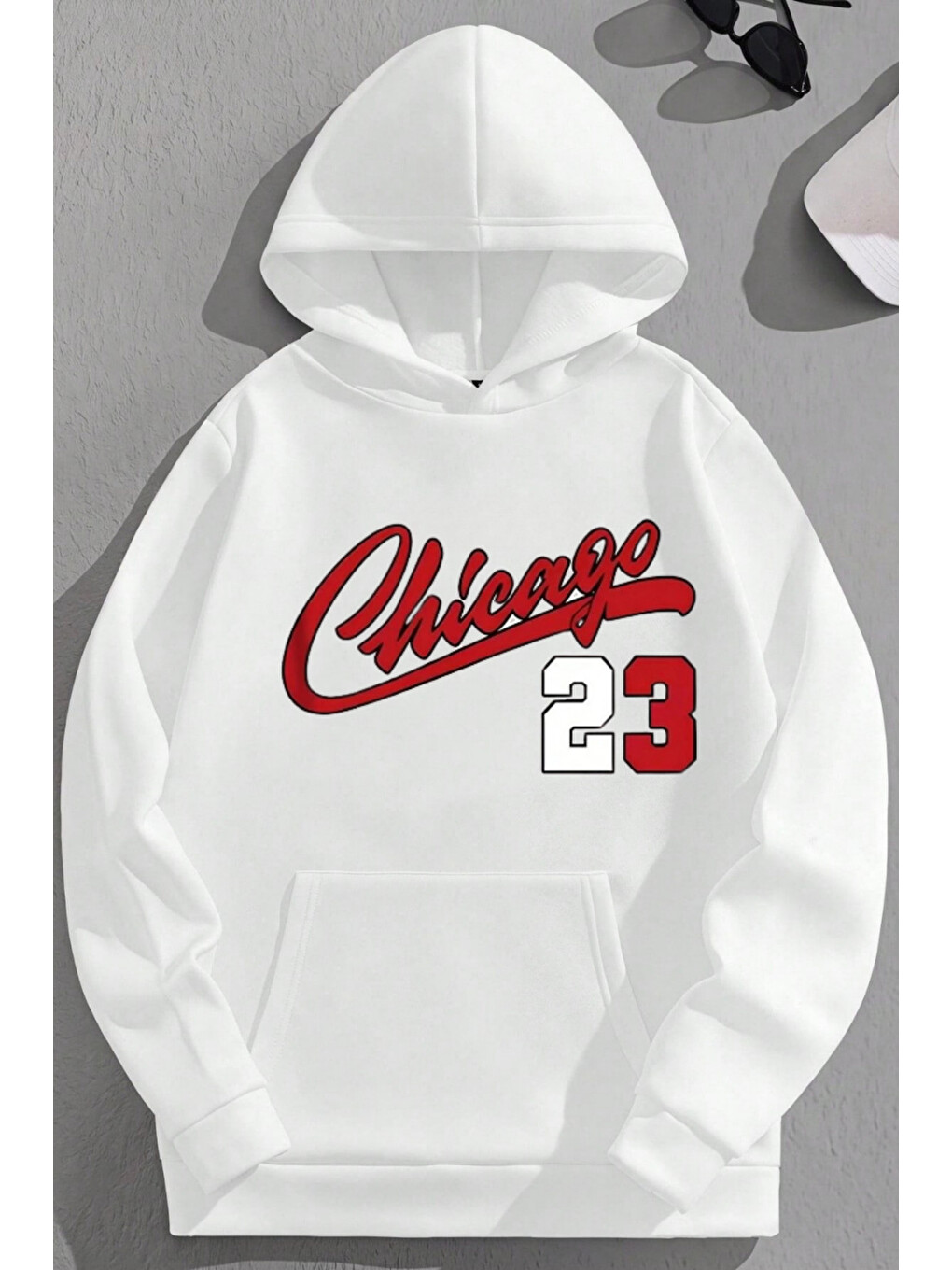 Unisex 3 İplik Pamuklu Beyaz Chicago23 Baskı Bol Kalıp Sweatshirt Hoodie