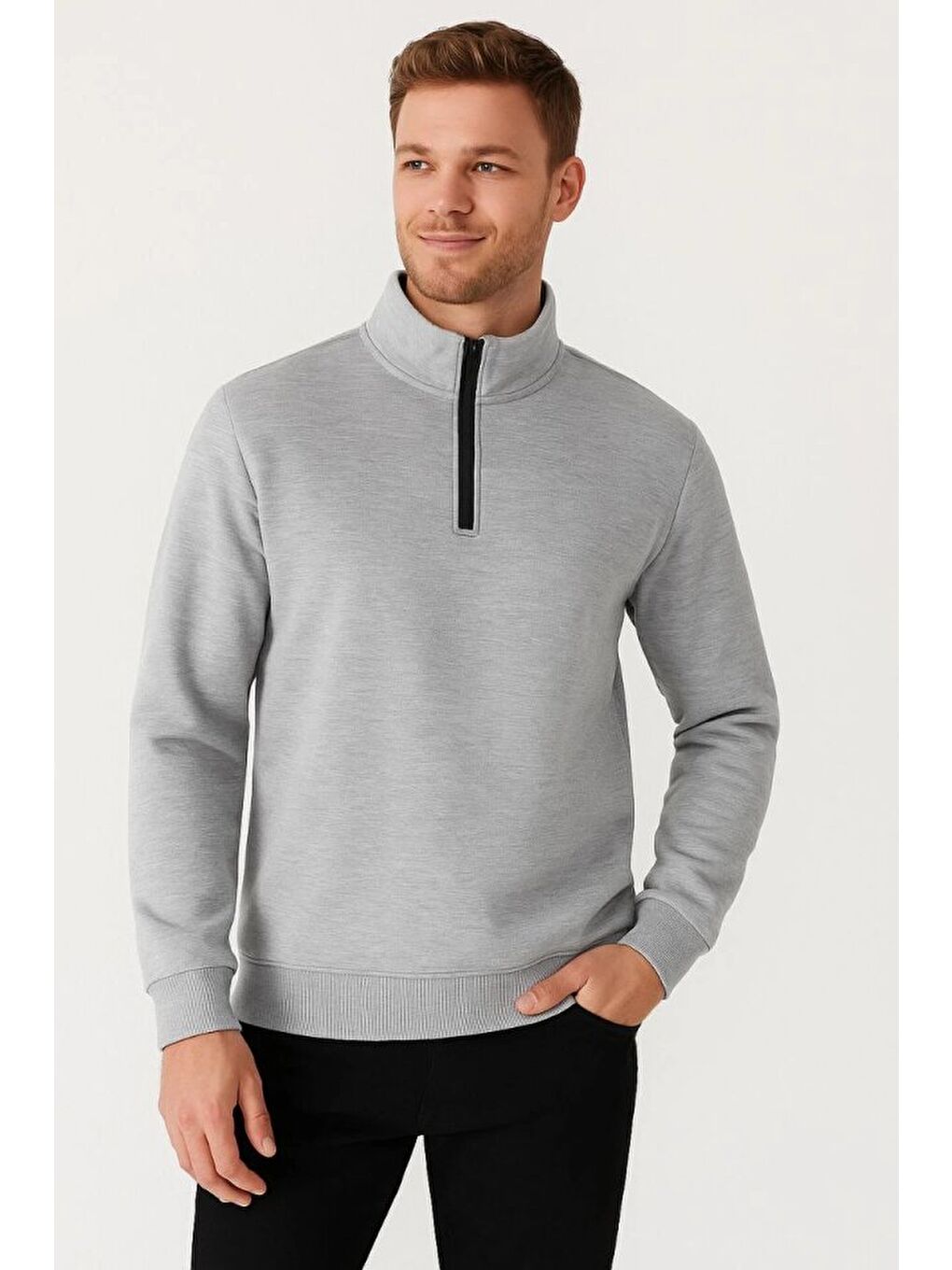 Erkek Dik Yaka Sweatshirt Dik Yaka Yarım Fermuarlı 3 İplik Şardonlu Pamuk Kumaş - Gri-2