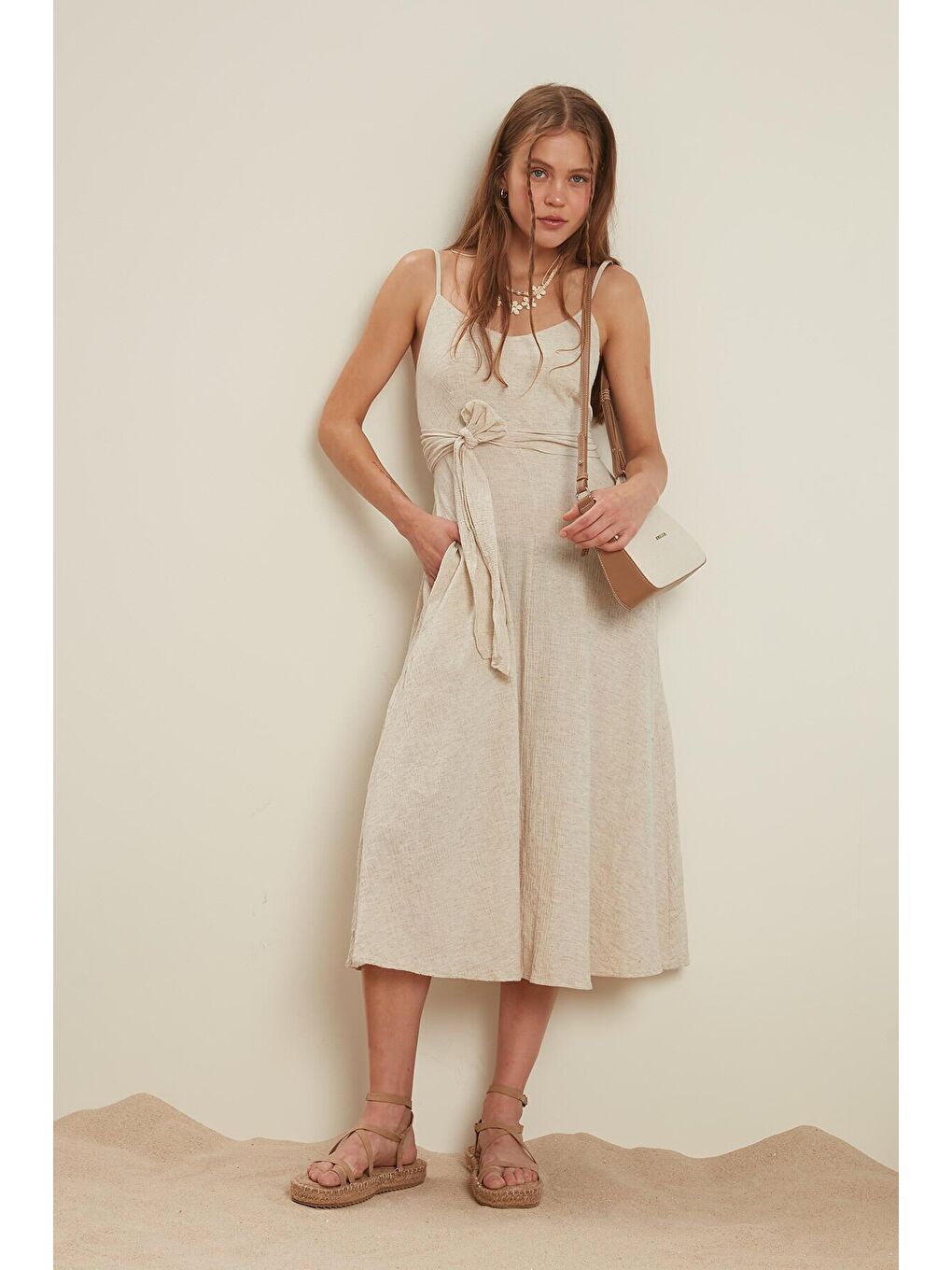 Bej Pamuklu Krınkıl Elbise Natural-2