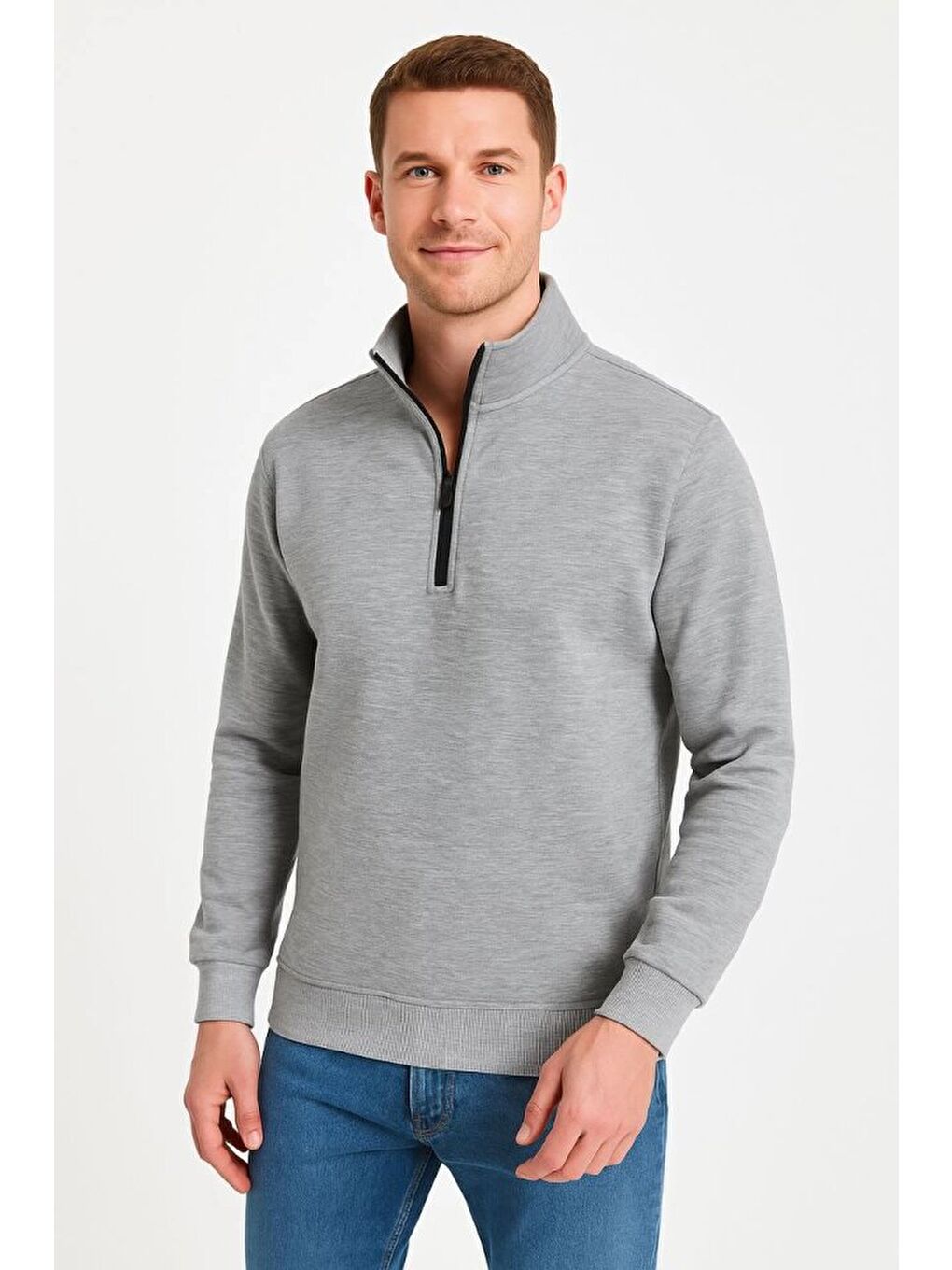 Erkek Dik Yaka Sweatshirt Dik Yaka Yarım Fermuarlı 3 İplik Şardonlu Pamuk Kumaş - Gri-3
