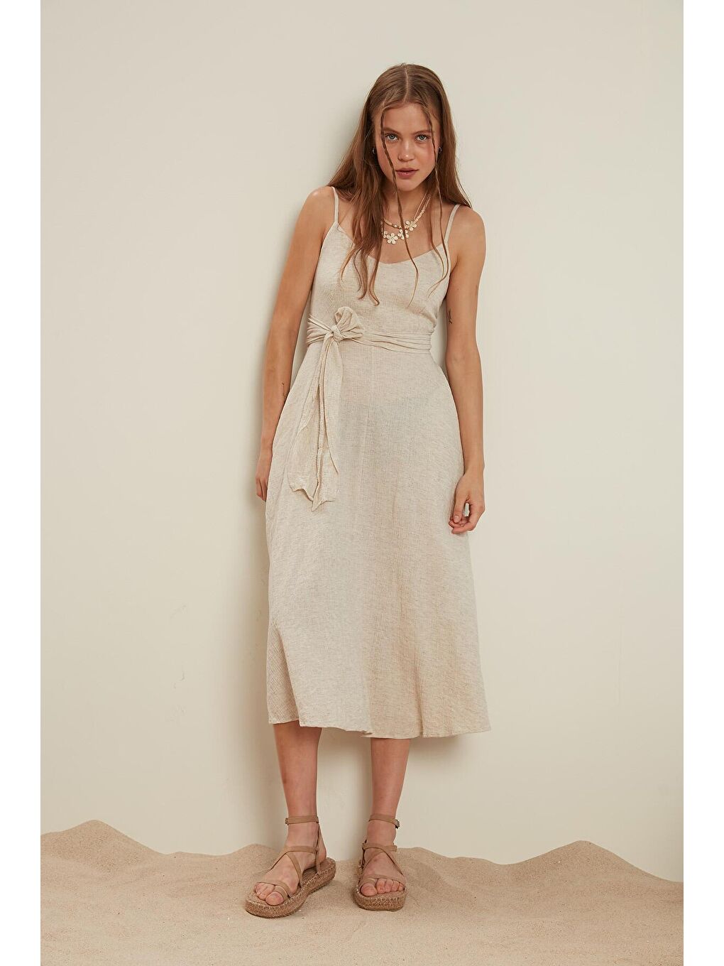 Bej Pamuklu Krınkıl Elbise Natural-4