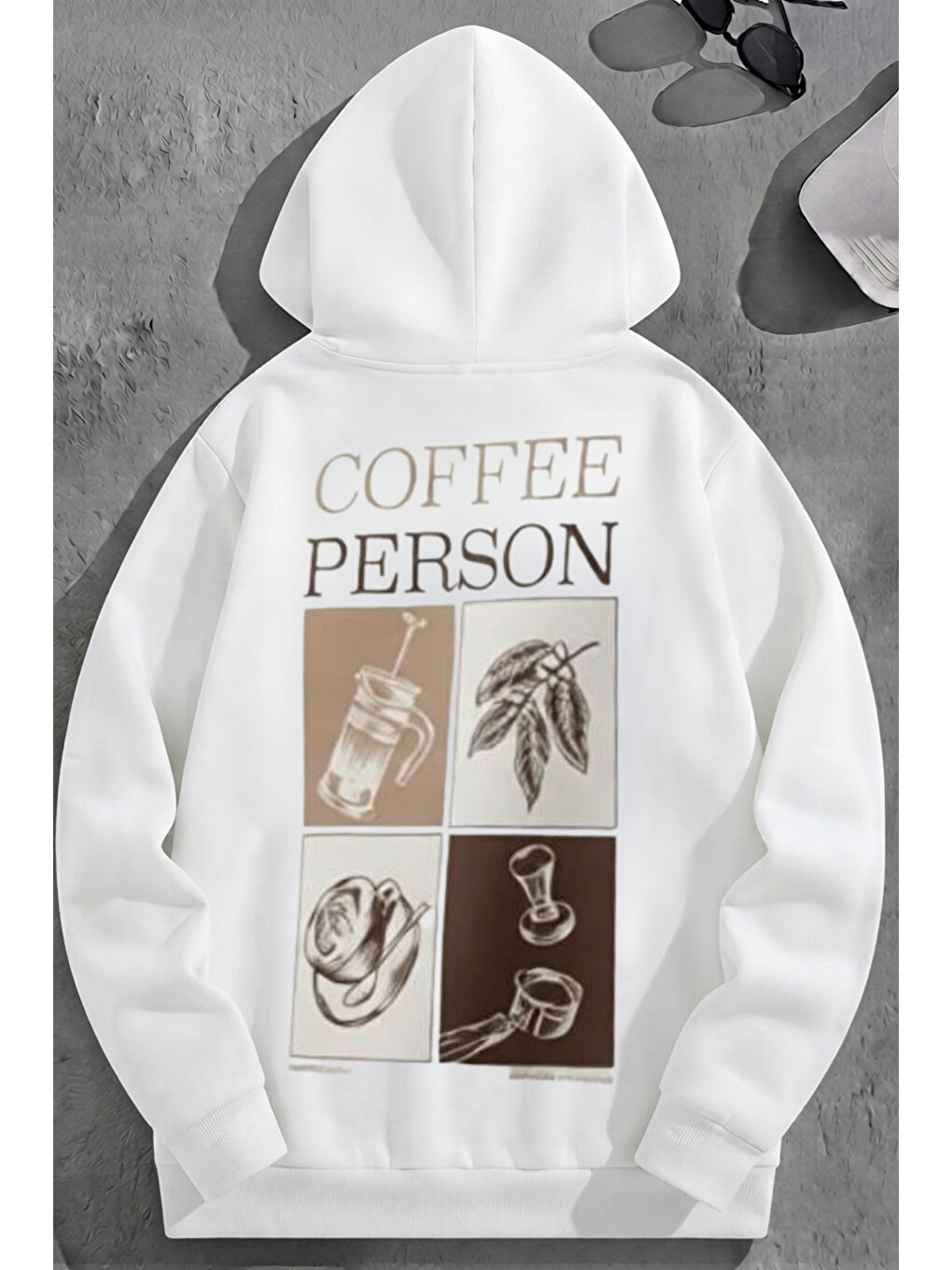 Unisex 3 İplik Pamuklu Beyaz Coffeeperson Baskı Bol Kalıp Sweatshirt Hoodie