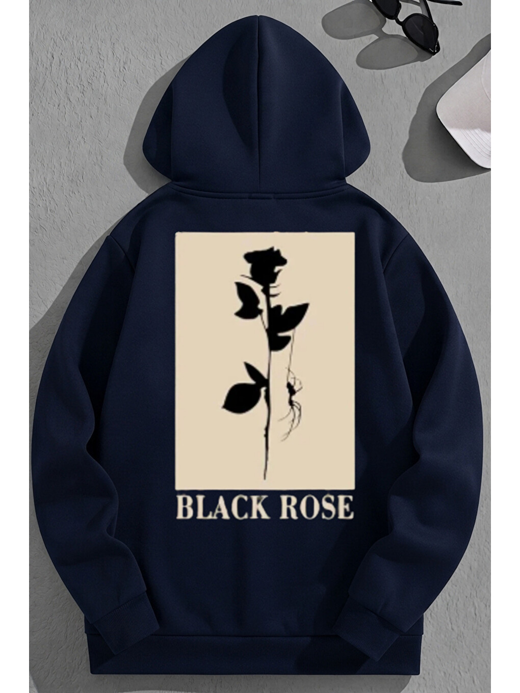 Unisex 3 İplik Pamuklu Lacivert Blackrose Baskı Bol Kalıp Sweatshirt Hoodie