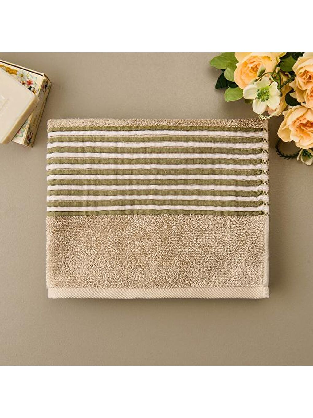Soft İpliği Boyalı Linen Border Yüz Havlusu - Bej - 50x80 cm