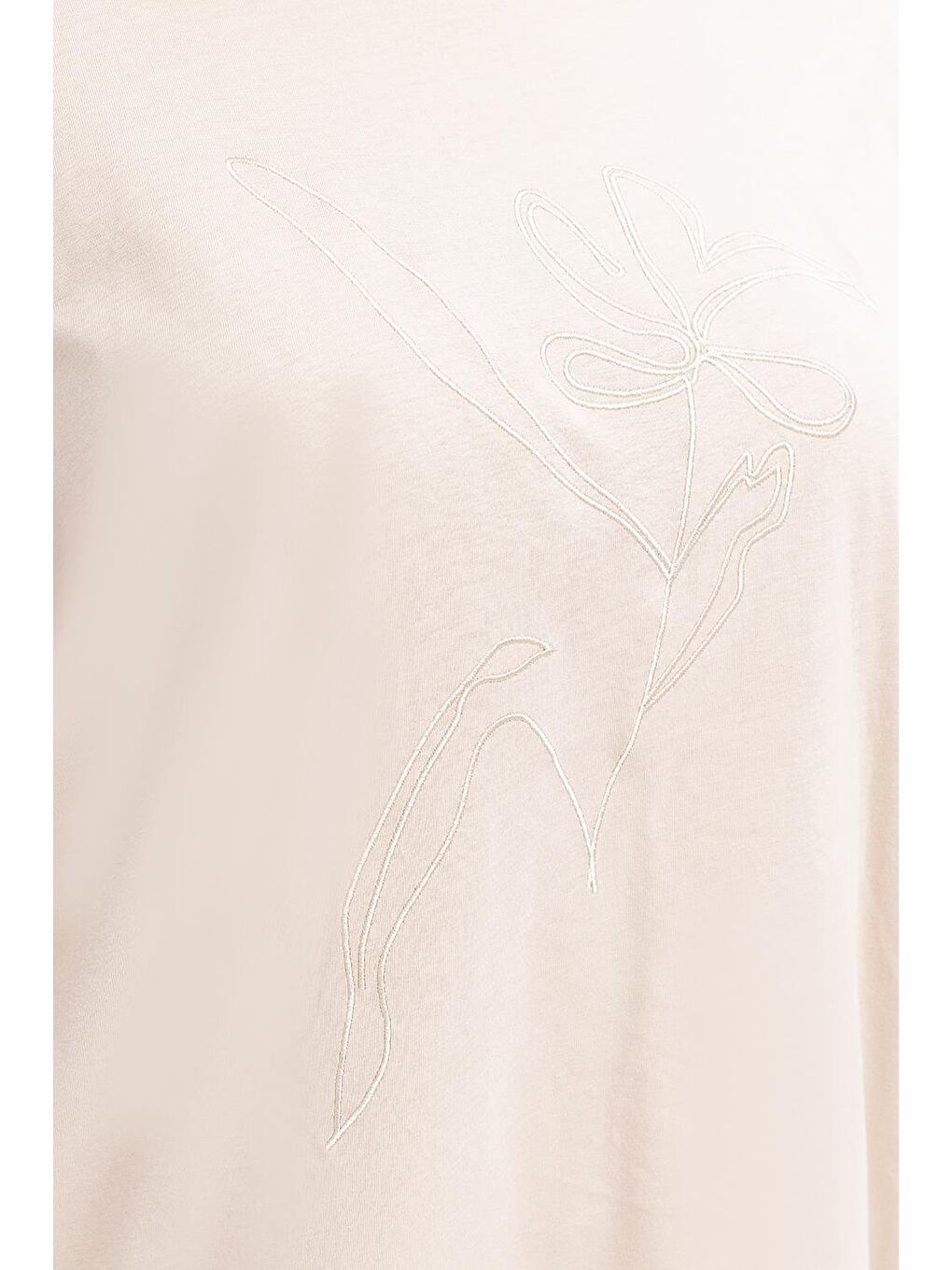Bej Taş-Çiçek Nakışlı Uzun Kollu Büyük Beden T-Shirt-4