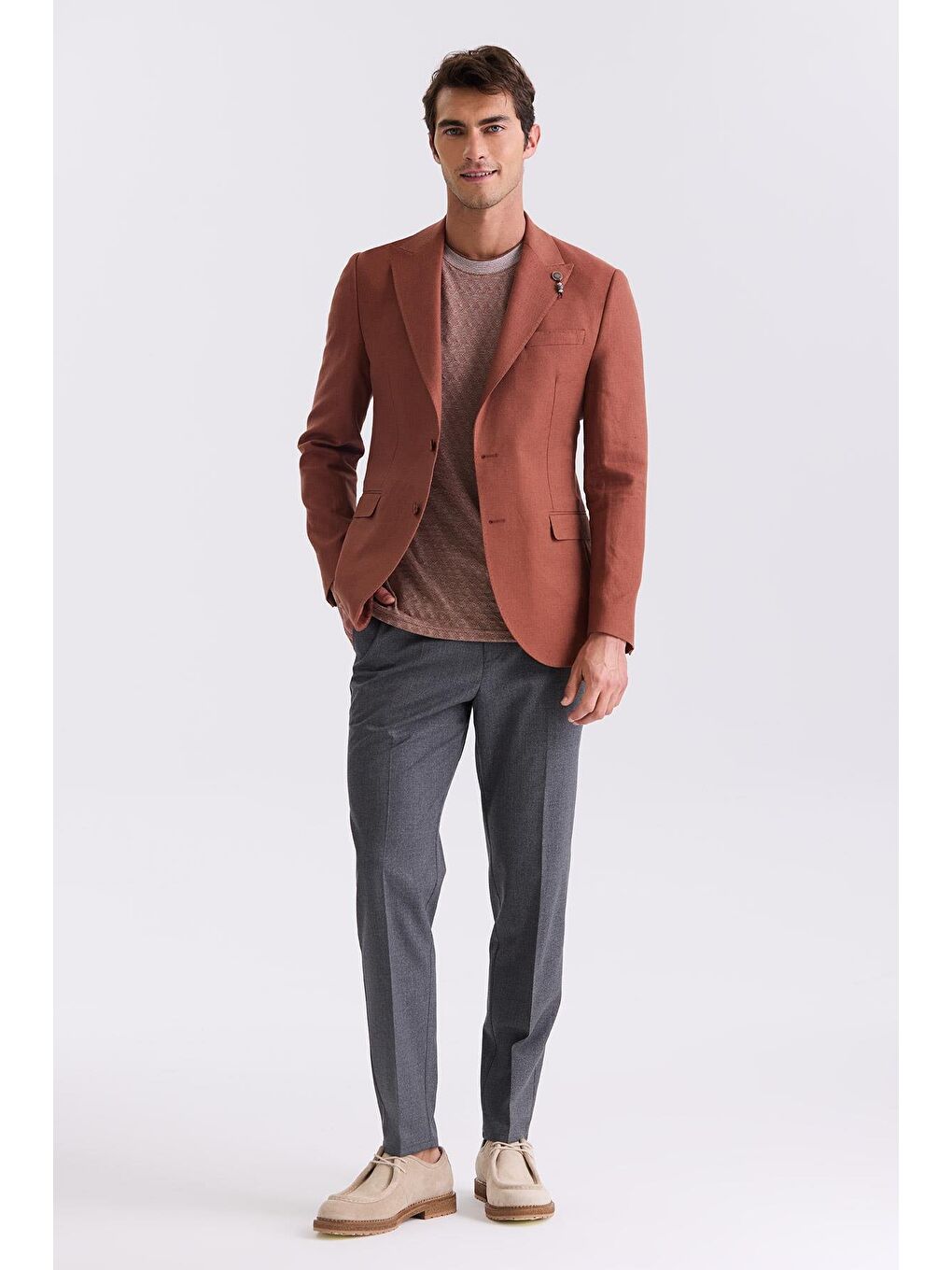 Kahverengi Kiremit Slim Fit Sivri Yaka Keten Spor Ceket-1