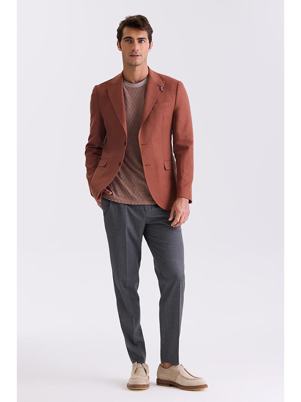 Kahverengi Kiremit Slim Fit Sivri Yaka Keten Spor Ceket-2
