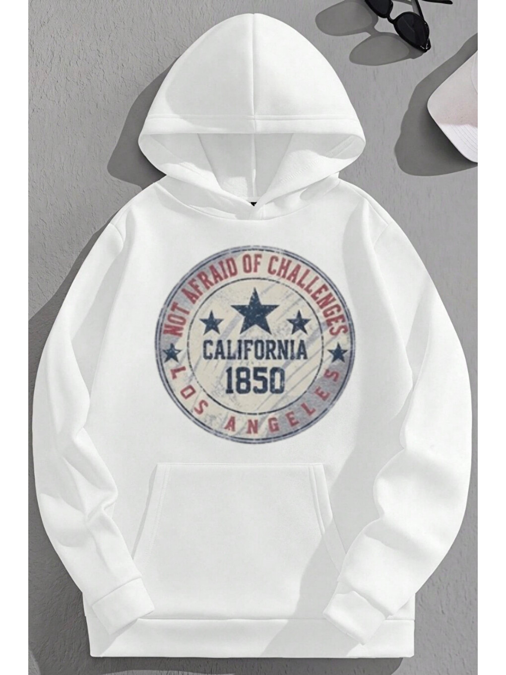 Unisex 3 İplik Pamuklu Beyaz Calif1850 Baskı Bol Kalıp Sweatshirt Hoodie
