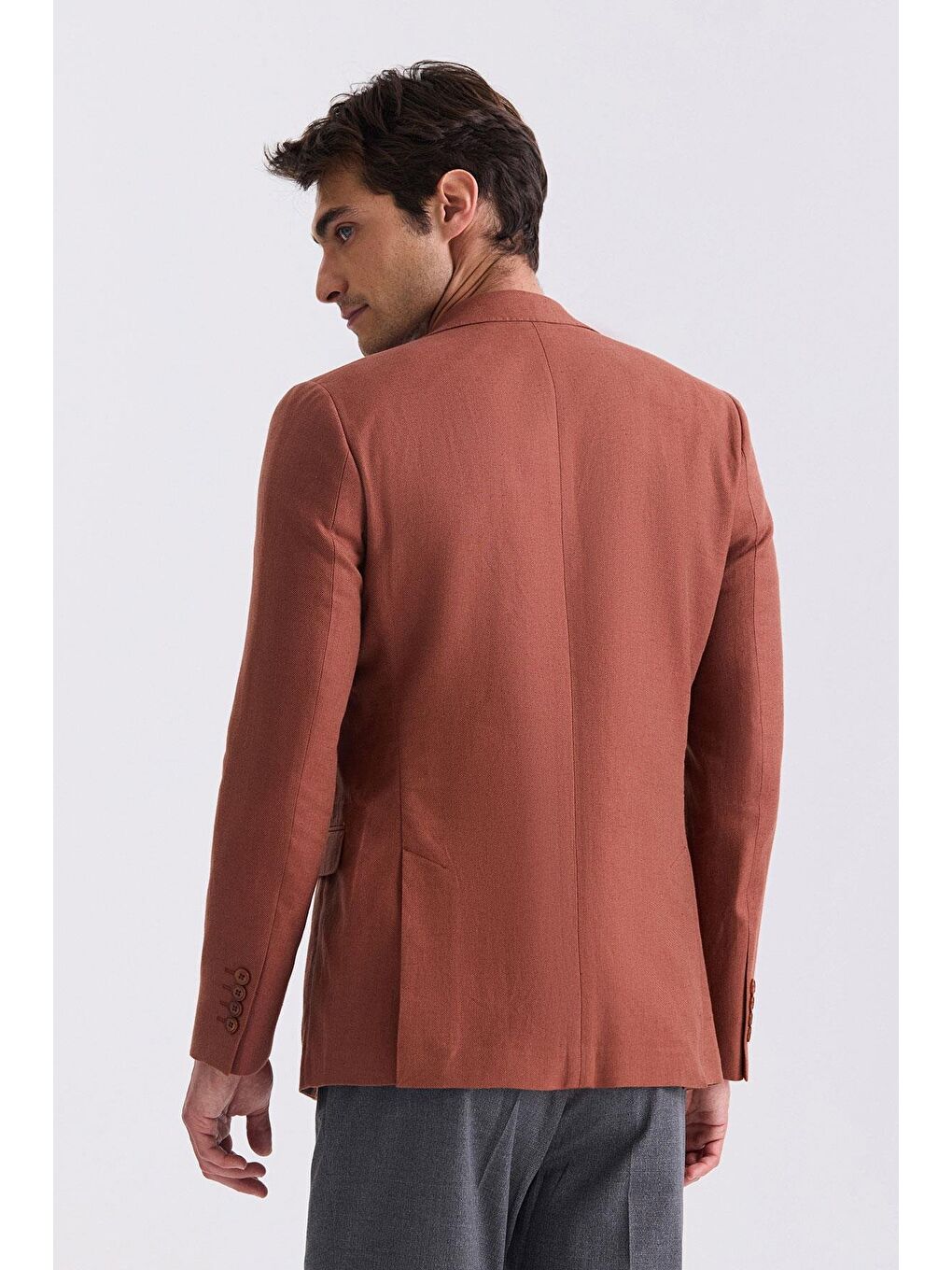 Kahverengi Kiremit Slim Fit Sivri Yaka Keten Spor Ceket-4