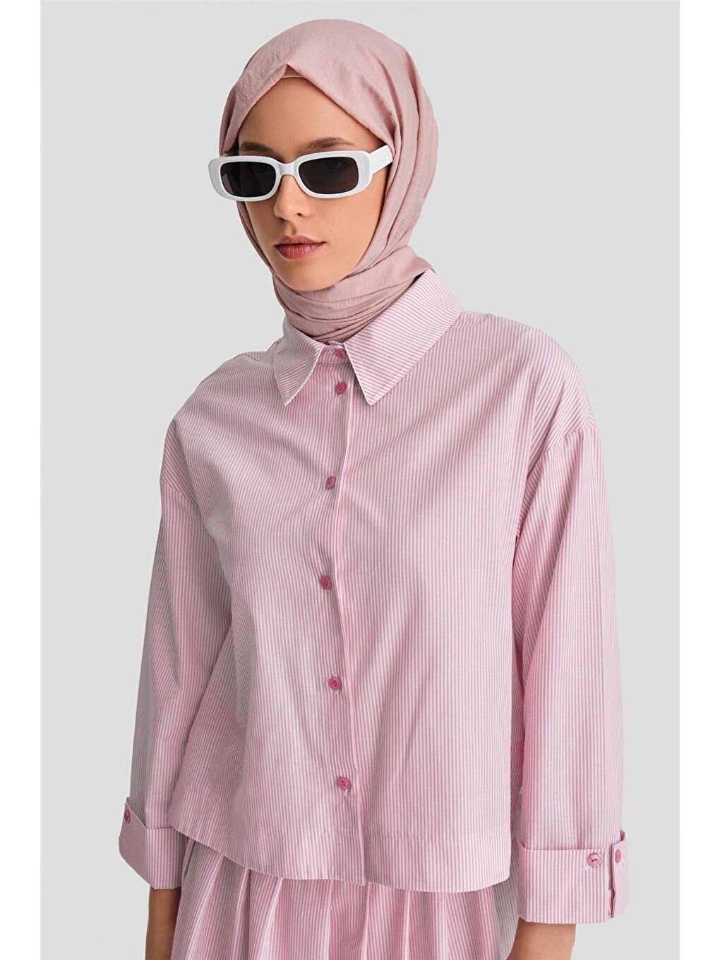 Plise Etekli Çizgili Takım 24K6851 Pembe-1