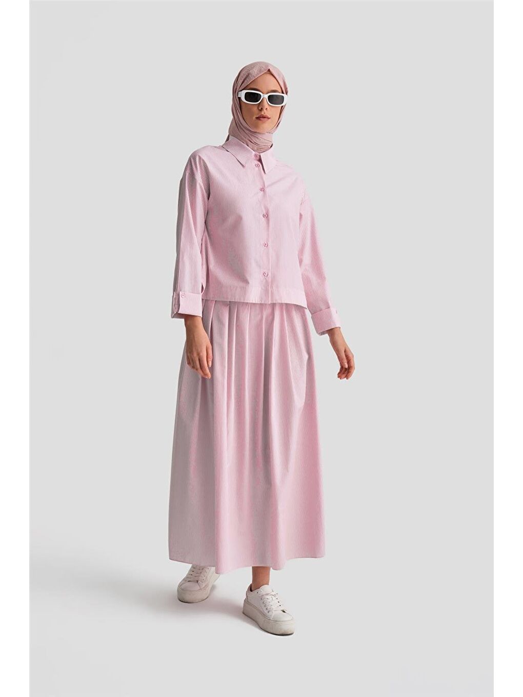 Plise Etekli Çizgili Takım 24K6851 Pembe-2