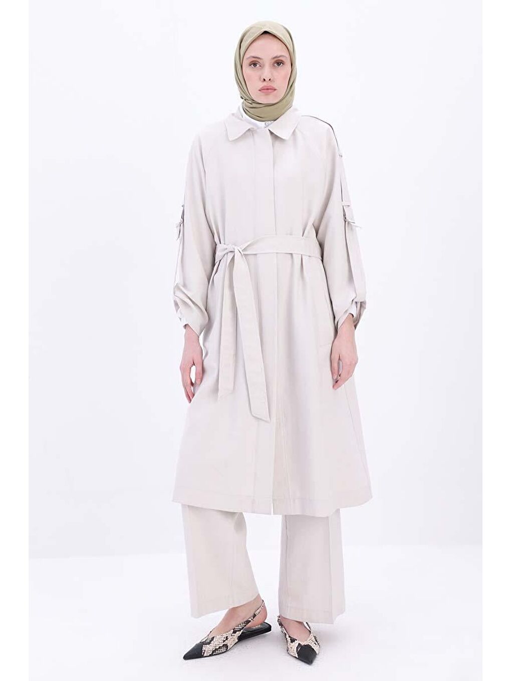 Bej Taş-Kolu Apoletli Düğmeli Trençkot-1