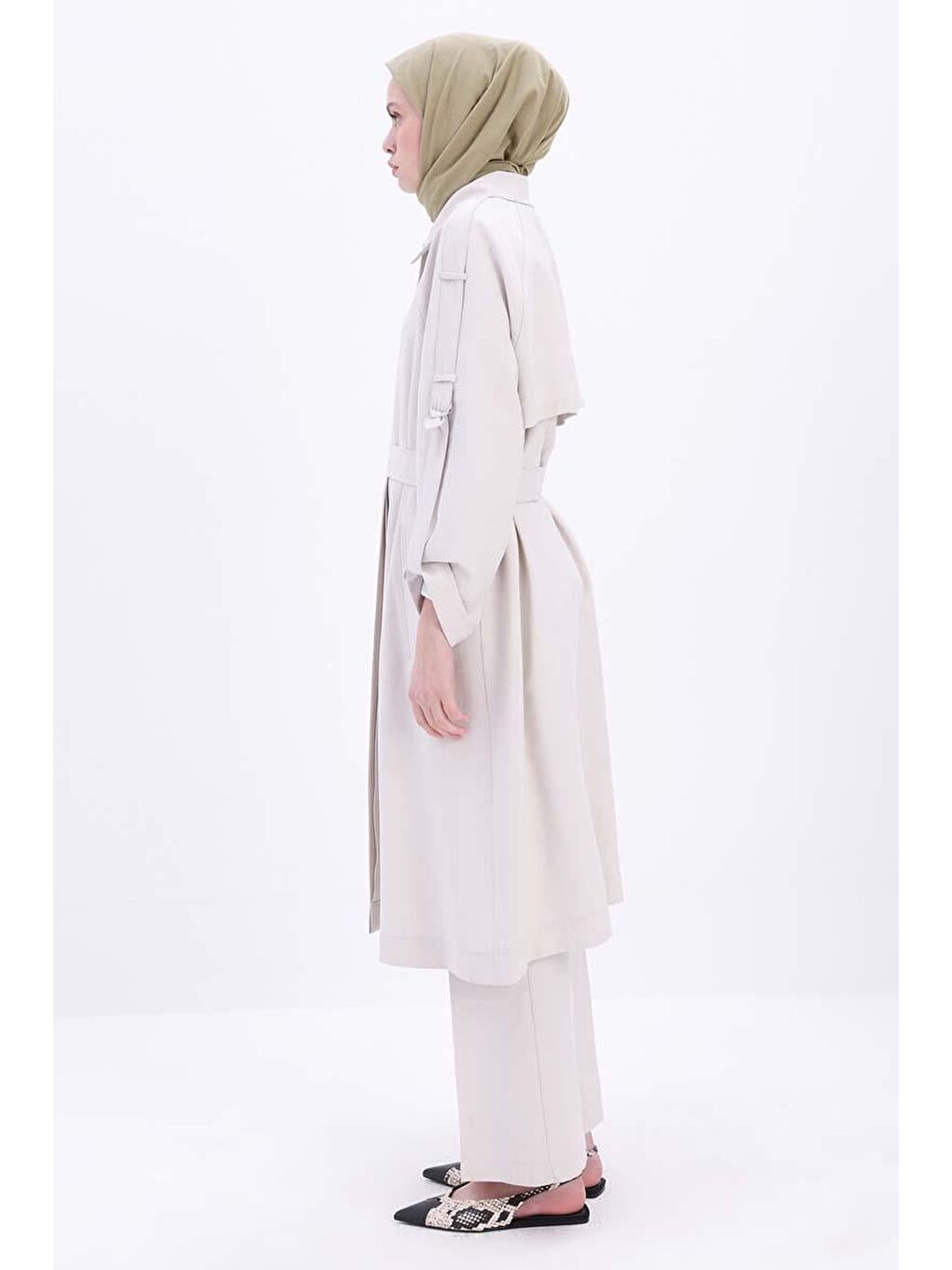 Bej Taş-Kolu Apoletli Düğmeli Trençkot-2