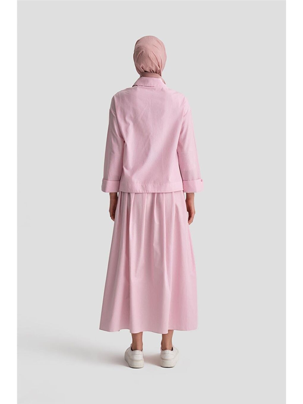 Plise Etekli Çizgili Takım 24K6851 Pembe-4