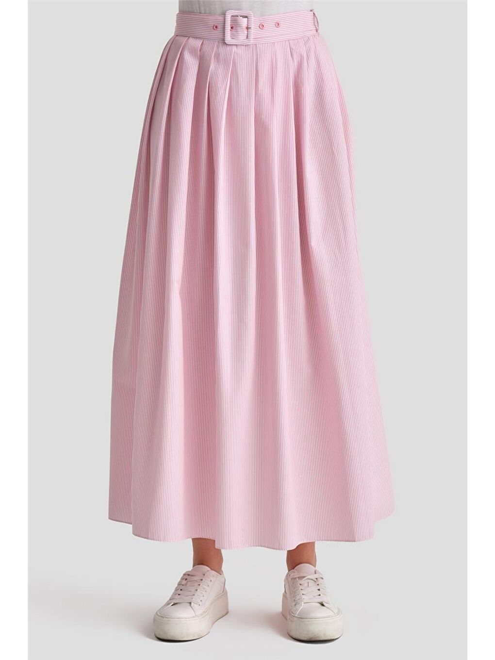 Plise Etekli Çizgili Takım 24K6851 Pembe-5