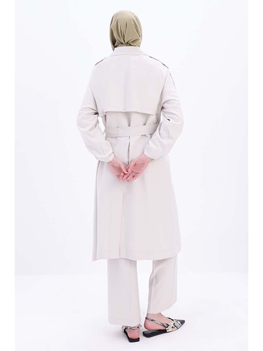 Bej Taş-Kolu Apoletli Düğmeli Trençkot-3