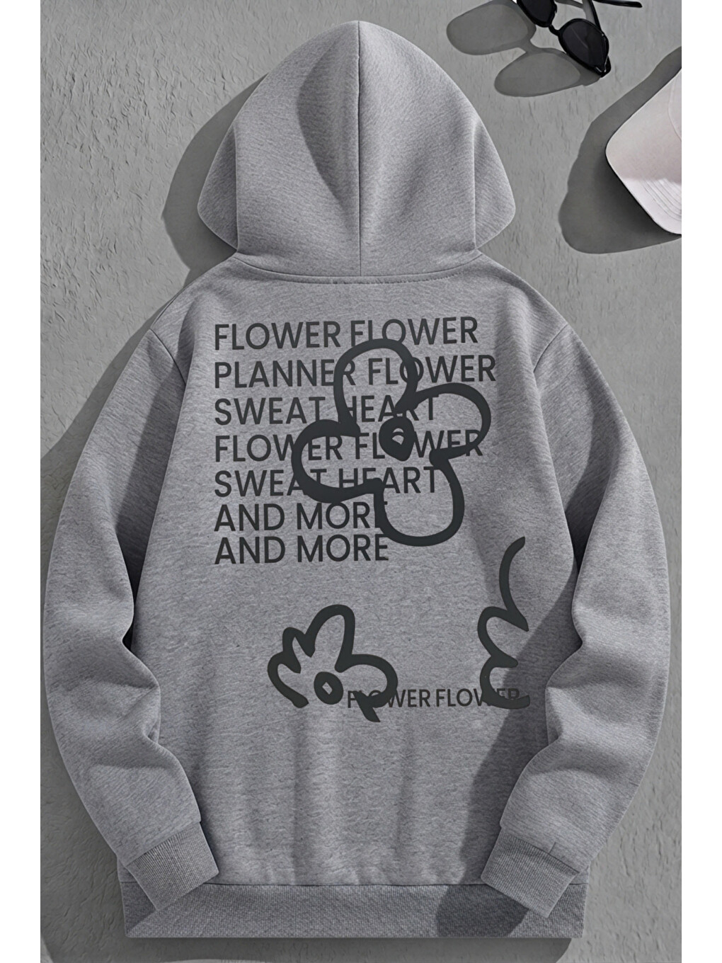 Unisex 3 İplik Pamuklu Gri Doubleflower Baskı Bol Kalıp Sweatshirt Hoodie