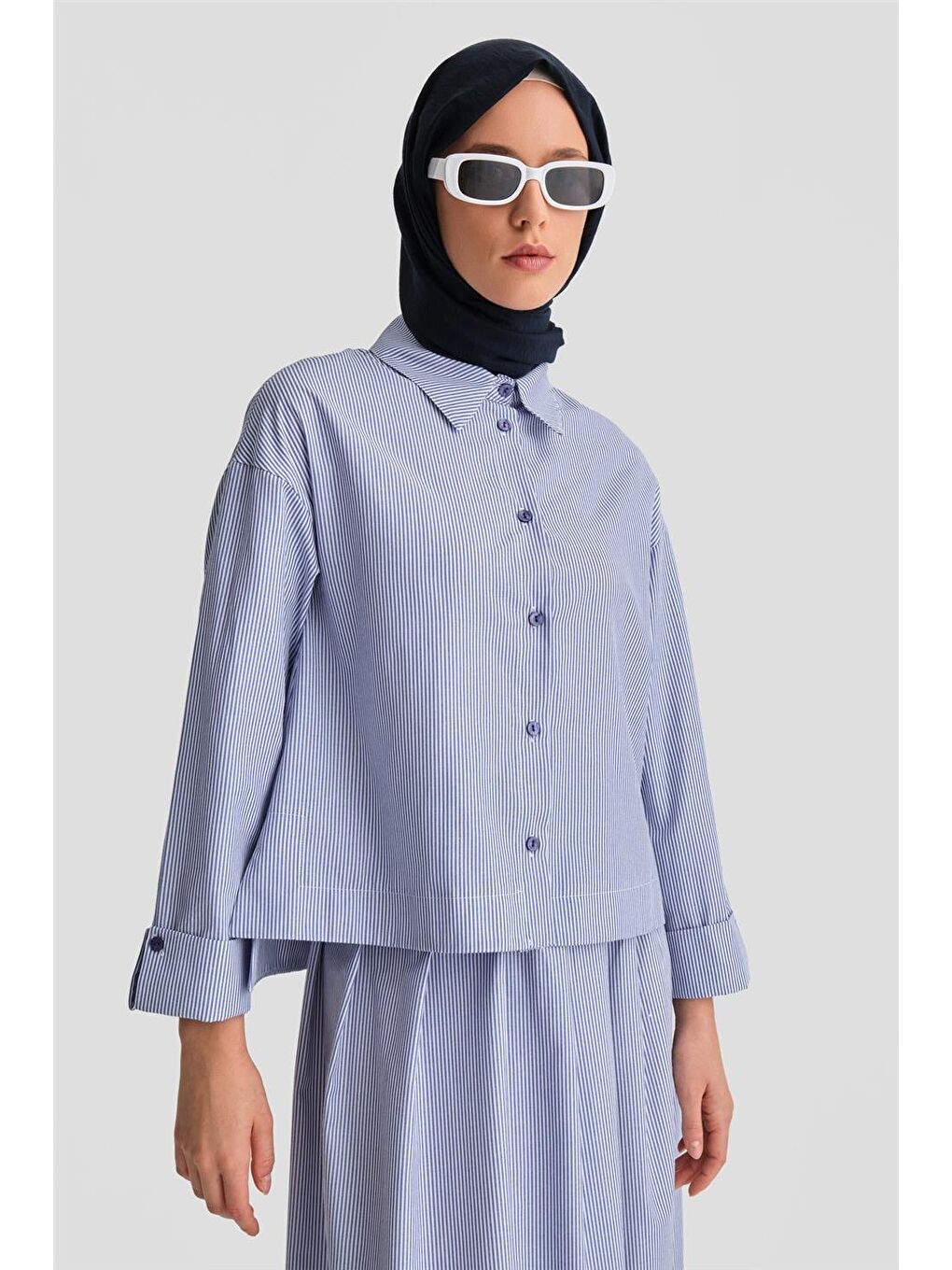 Mavi Plise Etekli Çizgili Takım 24K6851 İndigo-1