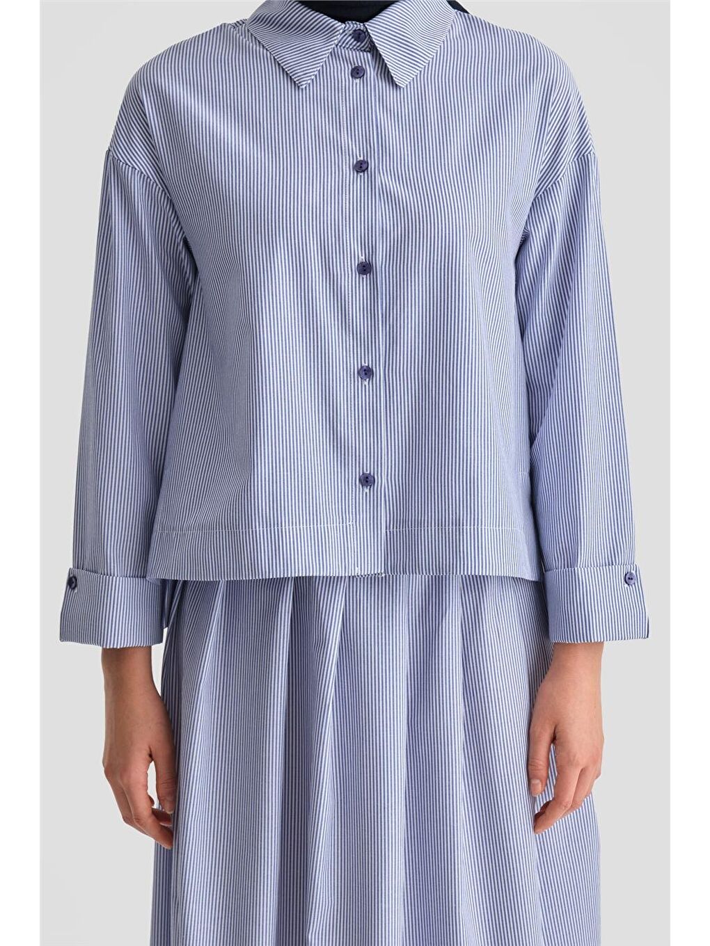 Mavi Plise Etekli Çizgili Takım 24K6851 İndigo-3