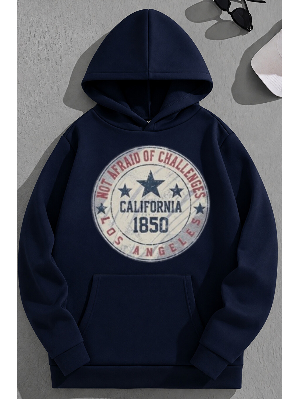 Unisex 3 İplik Pamuklu Lacivert Calif1850 Baskı Bol Kalıp Sweatshirt Hoodie