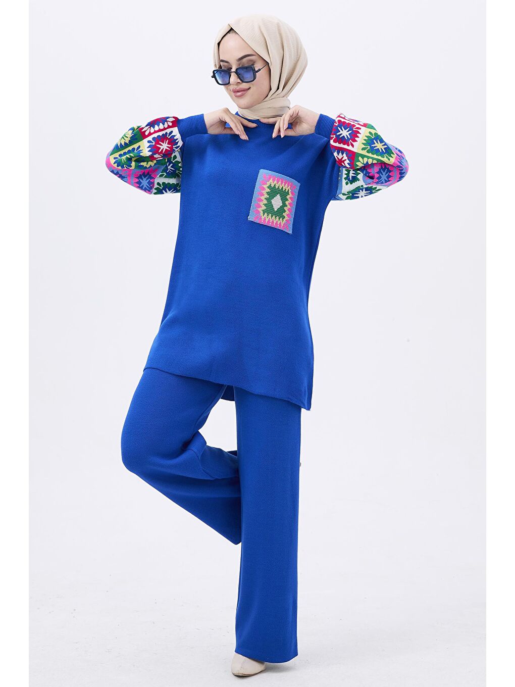 Orta Mavi Triko Tunik Kadın Pantolon - 21833-3