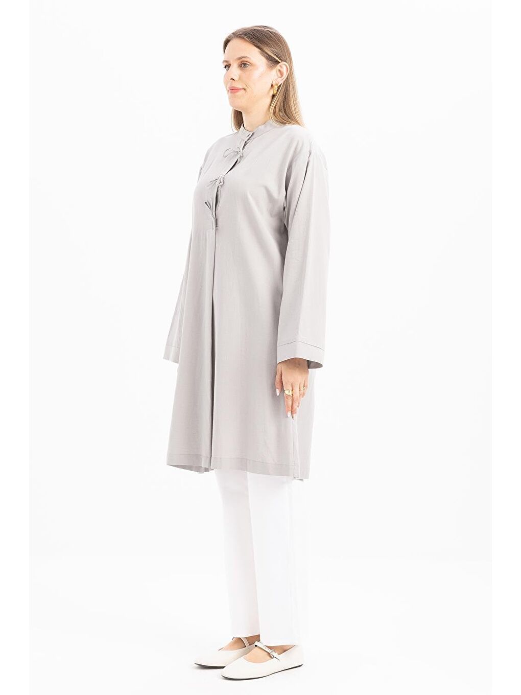 Gri-Yarım Patlı Bağlamalı Keten Tunik-2