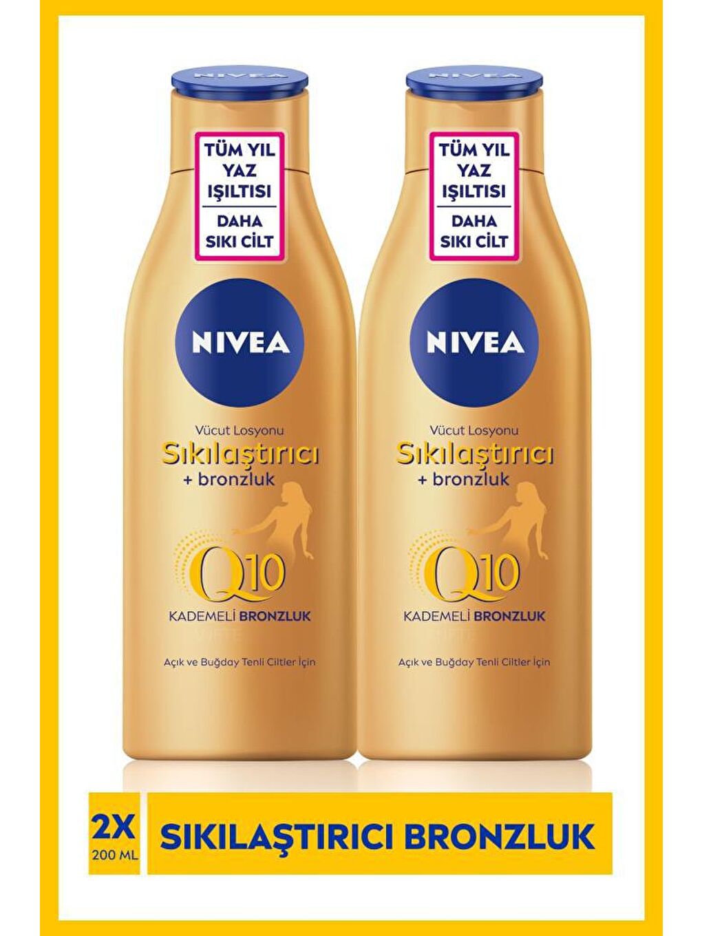 NIVEA Şeffaf Sıkılaştırıcı Bronzluk Q10 Vücut Losyonu, 10 Günde Sıkılaşma,Açık & Buğday Tenli Cilt,200 ml x2 Adet