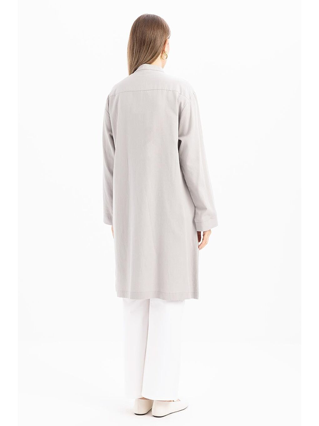 Gri-Yarım Patlı Bağlamalı Keten Tunik-3