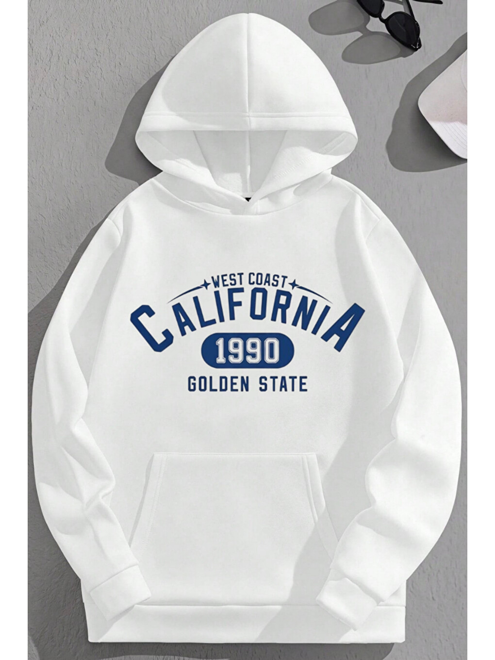 Unisex 3 İplik Pamuklu Beyaz Calif1990 Baskı Bol Kalıp Sweatshirt Hoodie