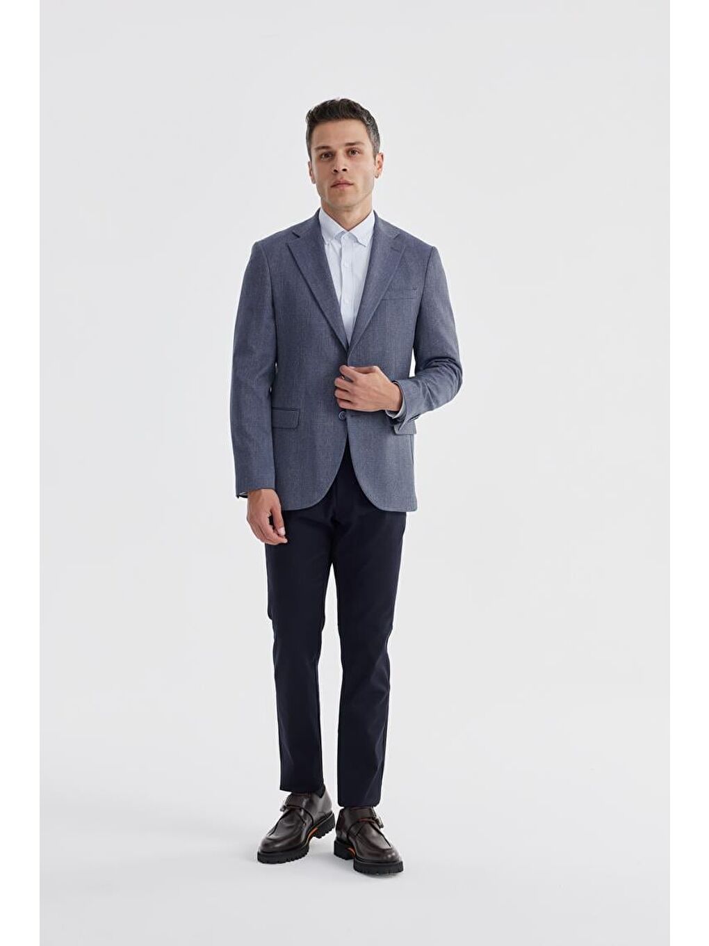 Lacivert Slim Fit Ekose Kareli Çift Yırtmaçlı Ceket