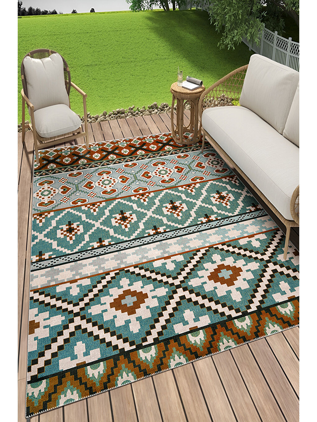 Mavi Dekoratif Salon Halısı, Makinada Yıkanabilir, Kaymaz Taban, İnce & Modern Tasarım-2