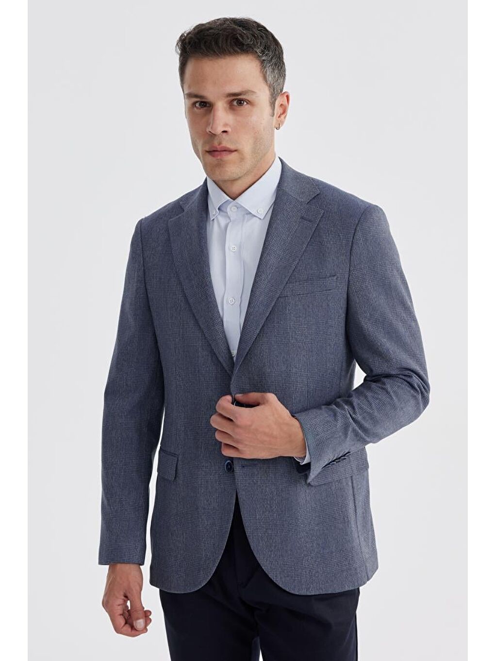 Lacivert Slim Fit Ekose Kareli Çift Yırtmaçlı Ceket-1