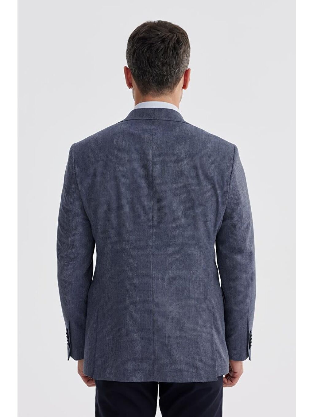 Lacivert Slim Fit Ekose Kareli Çift Yırtmaçlı Ceket-3