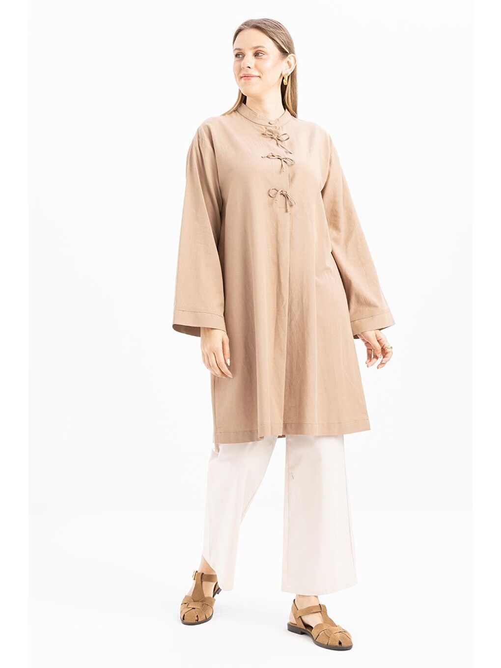 Sarı Vizon-Yarım Patlı Bağlamalı Keten Tunik