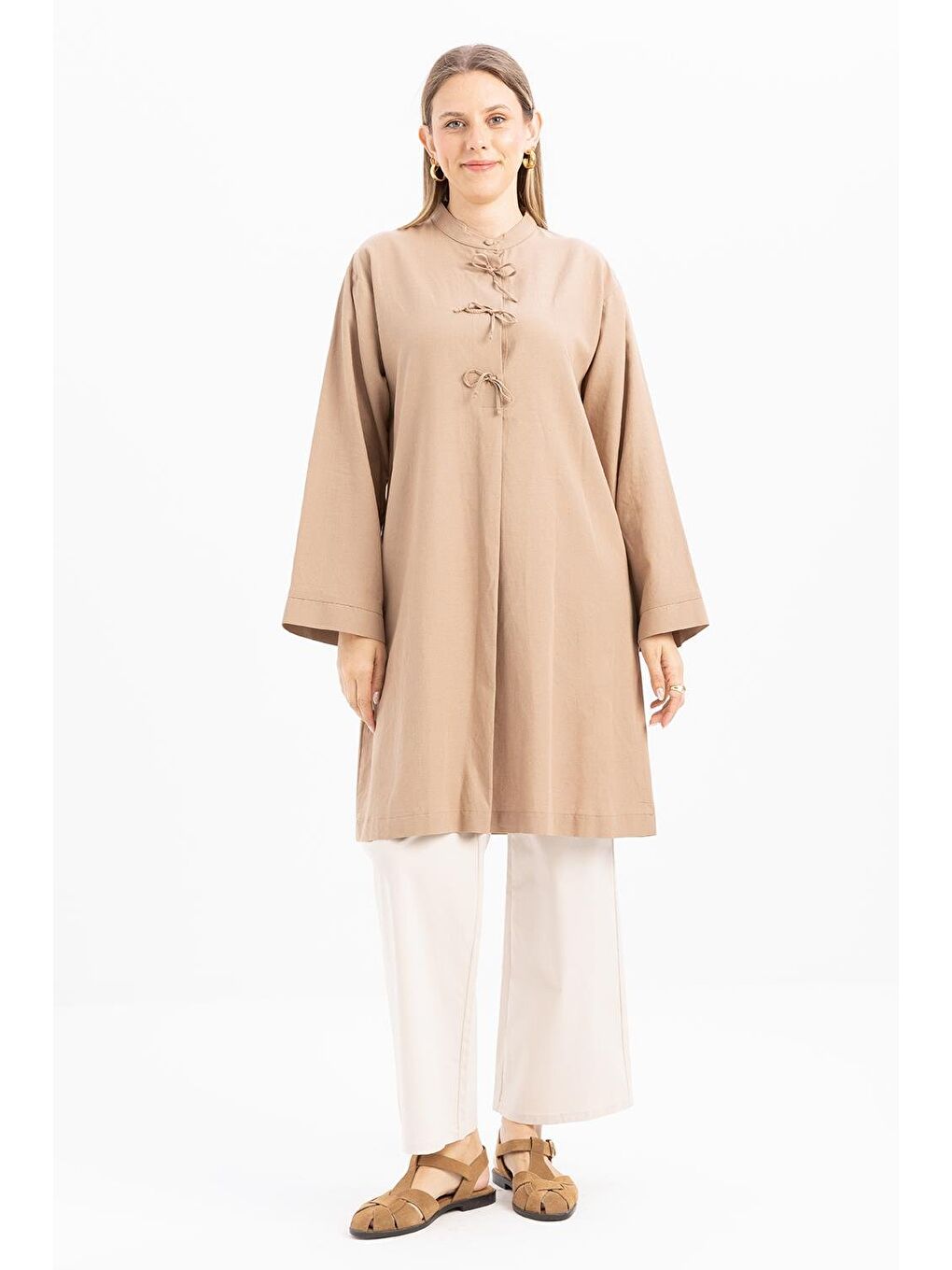 Sarı Vizon-Yarım Patlı Bağlamalı Keten Tunik-1