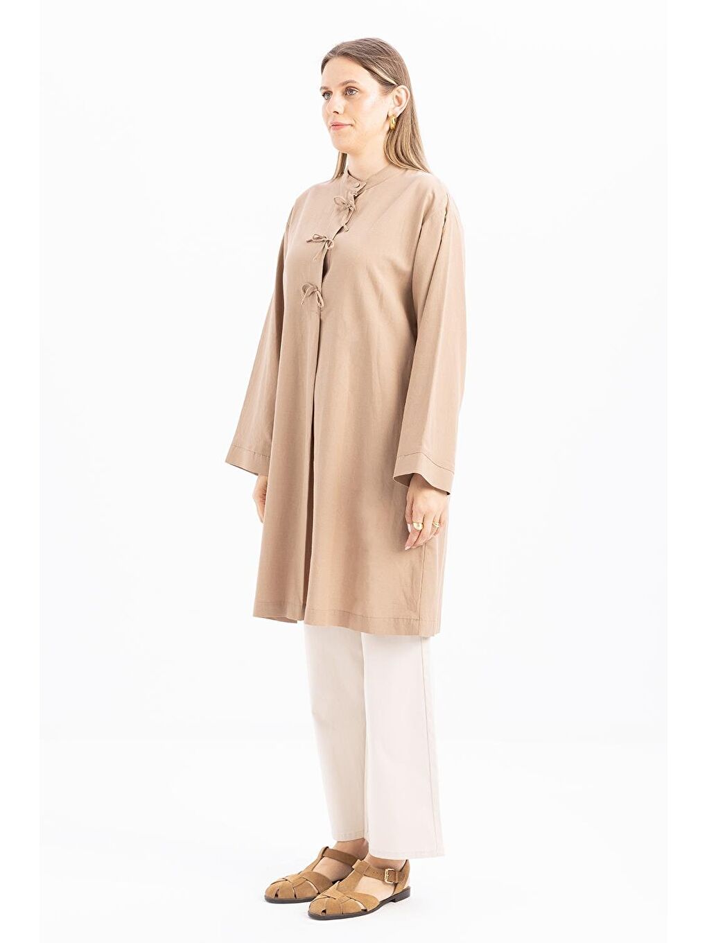 Sarı Vizon-Yarım Patlı Bağlamalı Keten Tunik-2