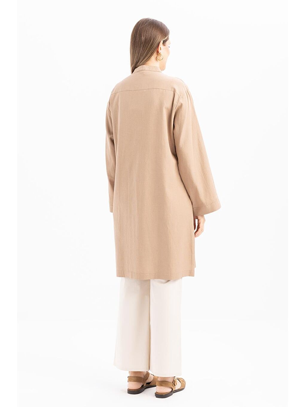 Sarı Vizon-Yarım Patlı Bağlamalı Keten Tunik-3