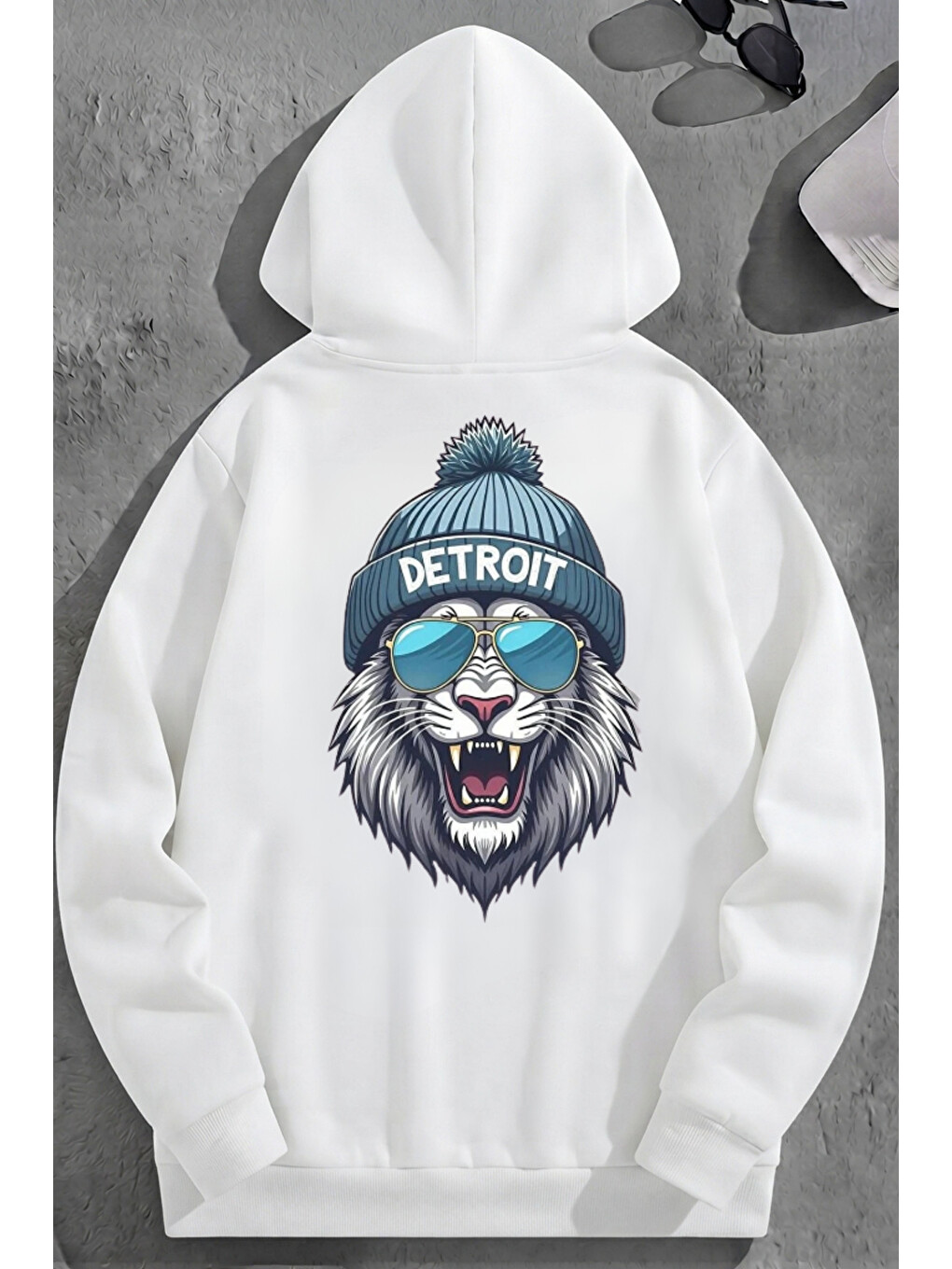 Unisex 3 İplik Pamuklu Beyaz Detroit Baskı Bol Kalıp Sweatshirt Hoodie