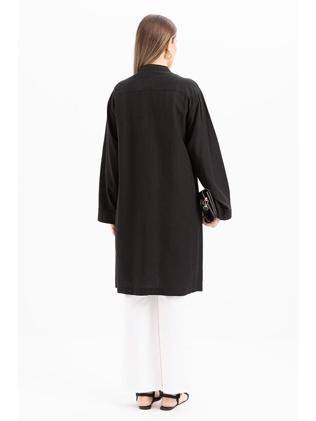 Siyah-Yarım Patlı Bağlamalı Keten Tunik-3