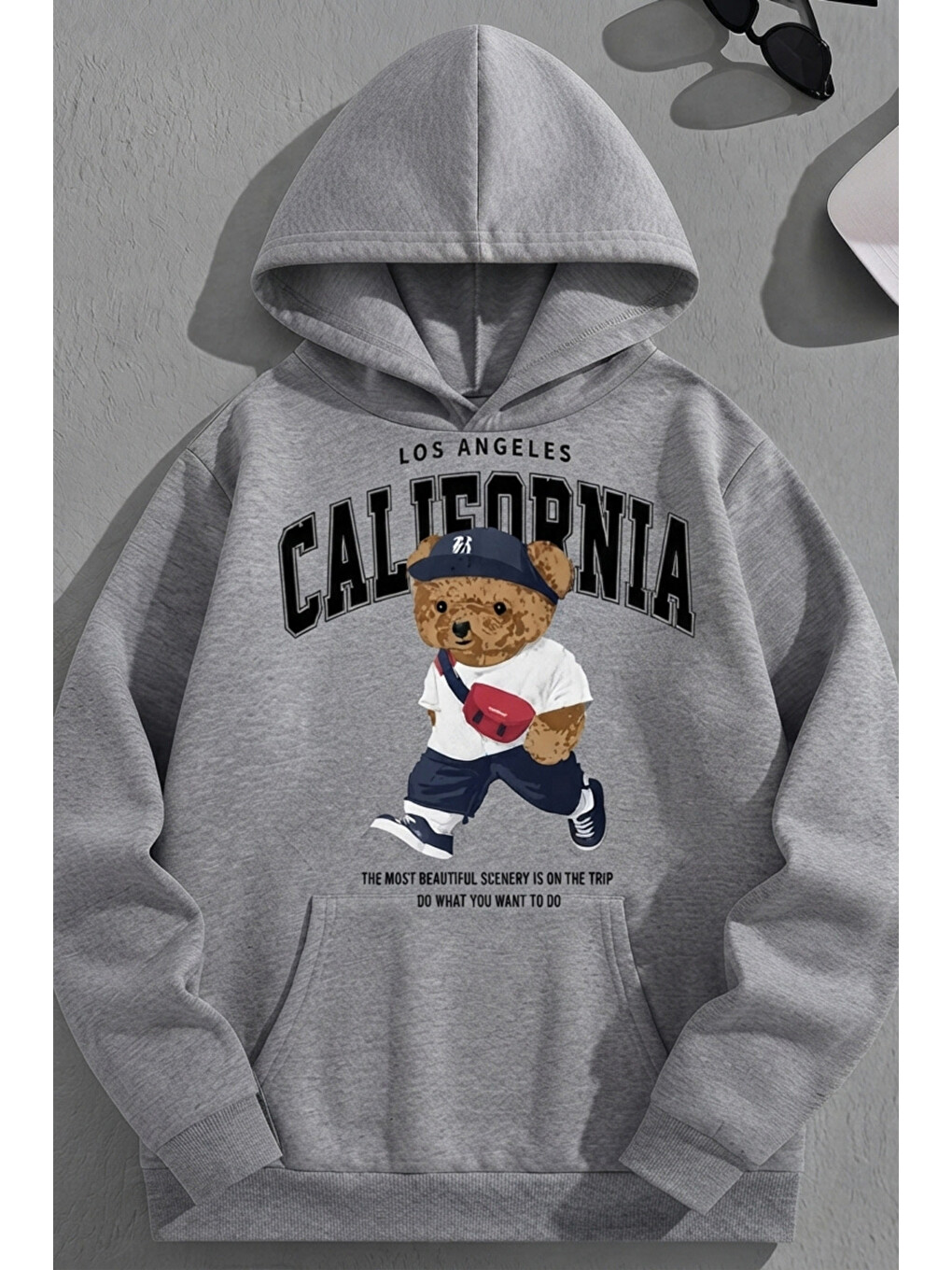 Unisex 3 İplik Pamuklu Gri Çantalıbear Baskı Bol Kalıp Sweatshirt Hoodie