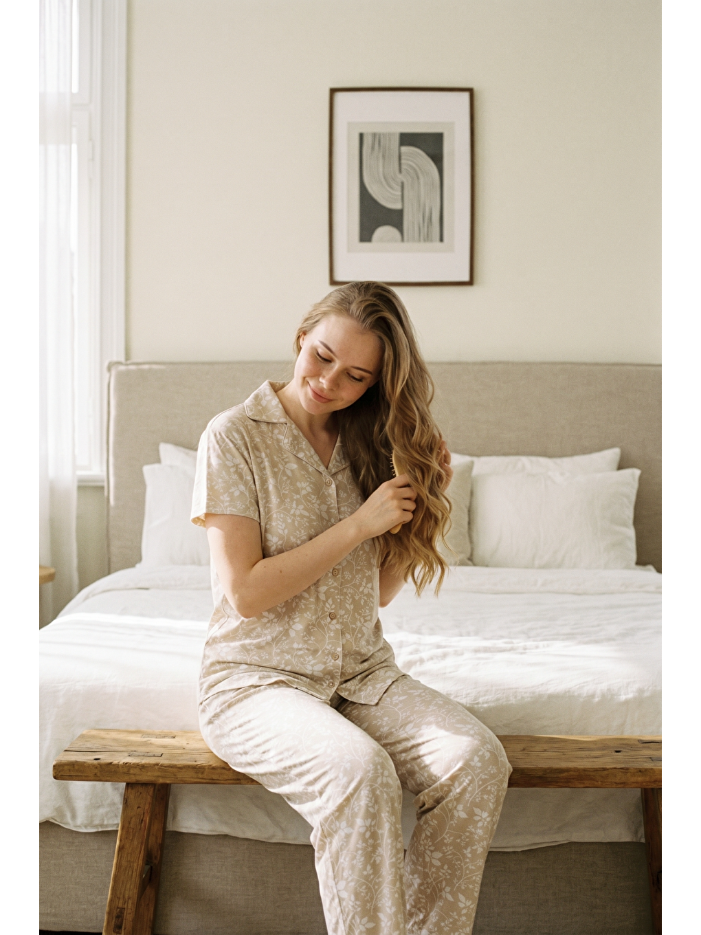 Gömlek Yaka Önden Düğmeli Pijama Takımı Bej-512180