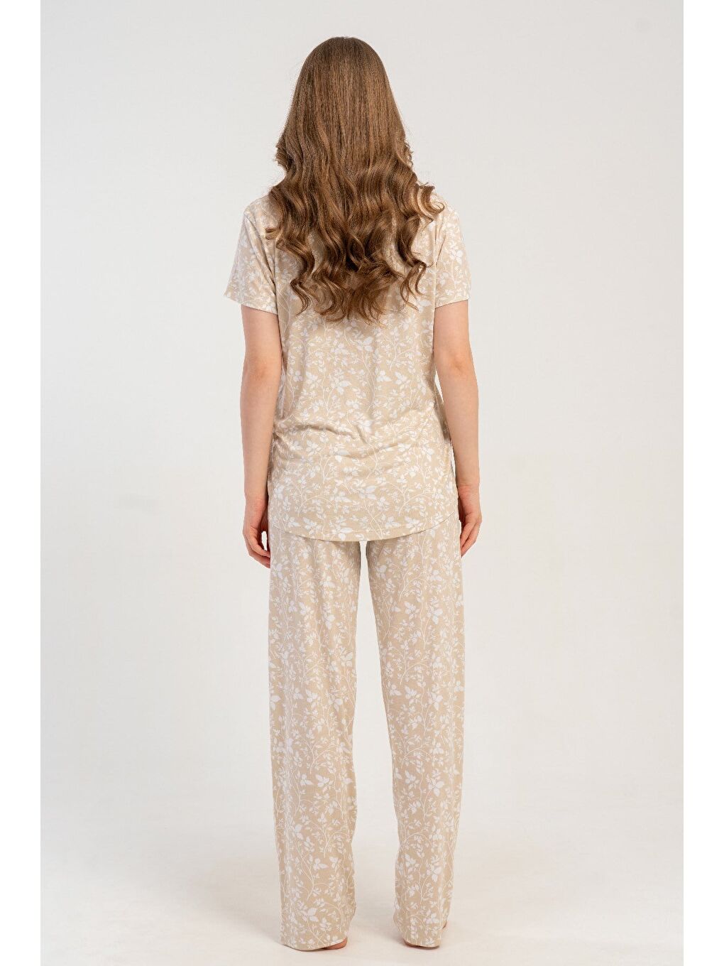 Gömlek Yaka Önden Düğmeli Pijama Takımı Bej-512180-4