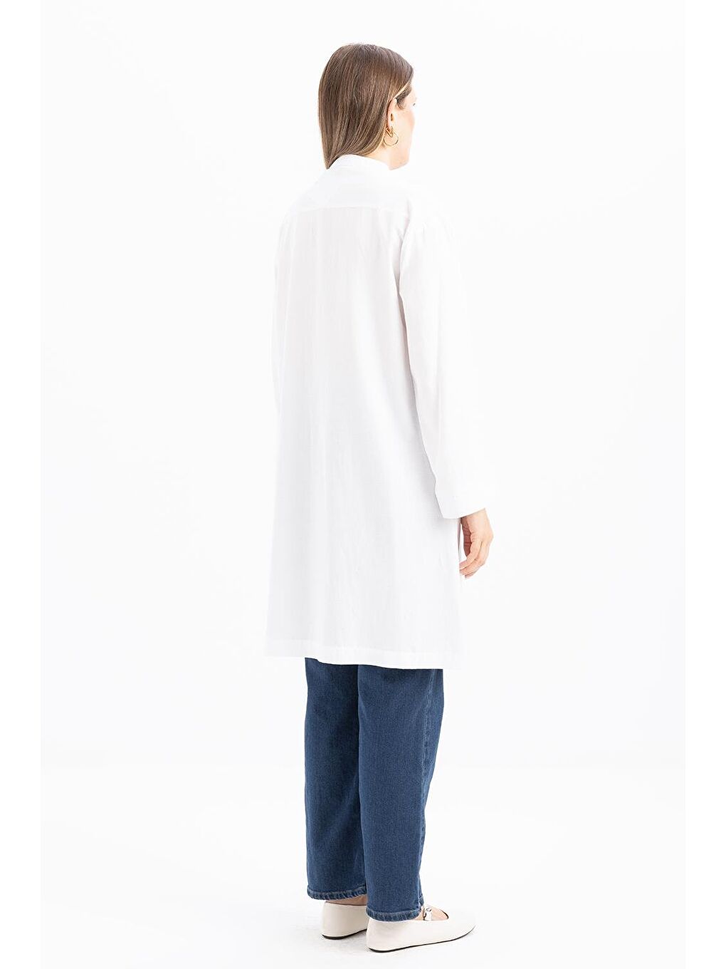 Beyaz-Yarım Patlı Bağlamalı Keten Tunik-3