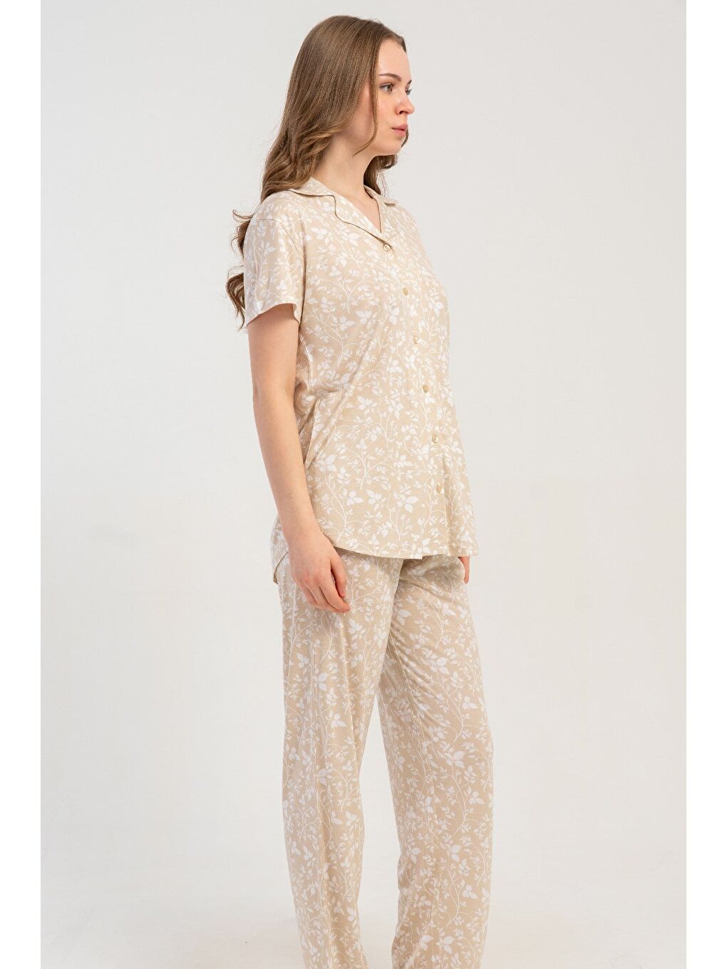 Gömlek Yaka Önden Düğmeli Pijama Takımı Bej-512180-6