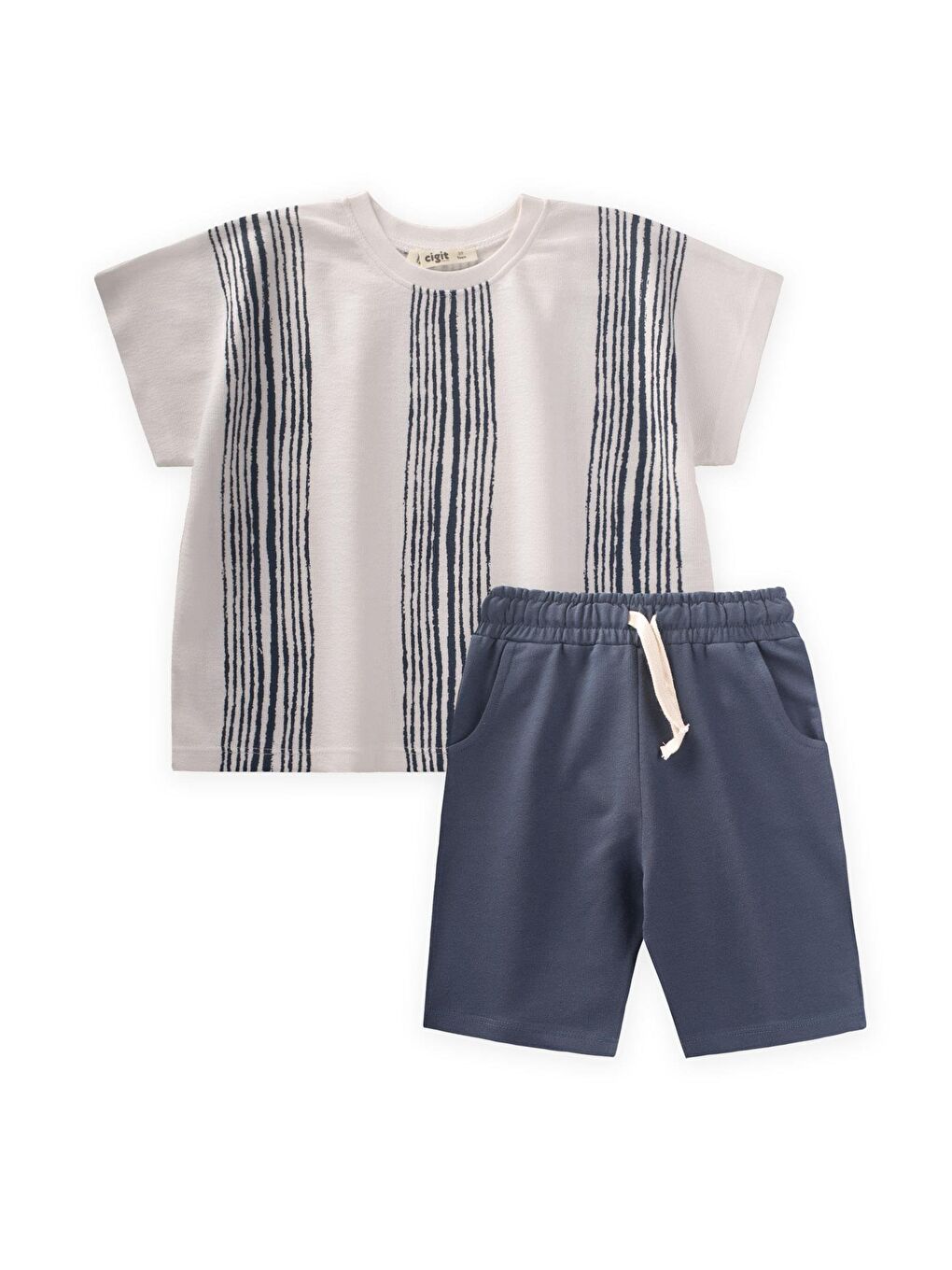Oversize Çizgili T-Shırt Takım 2-9 Yaş Ekru Lacivert
