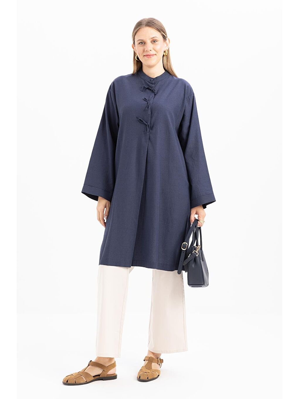 Lacivert İndigo-Yarım Patlı Bağlamalı Keten Tunik