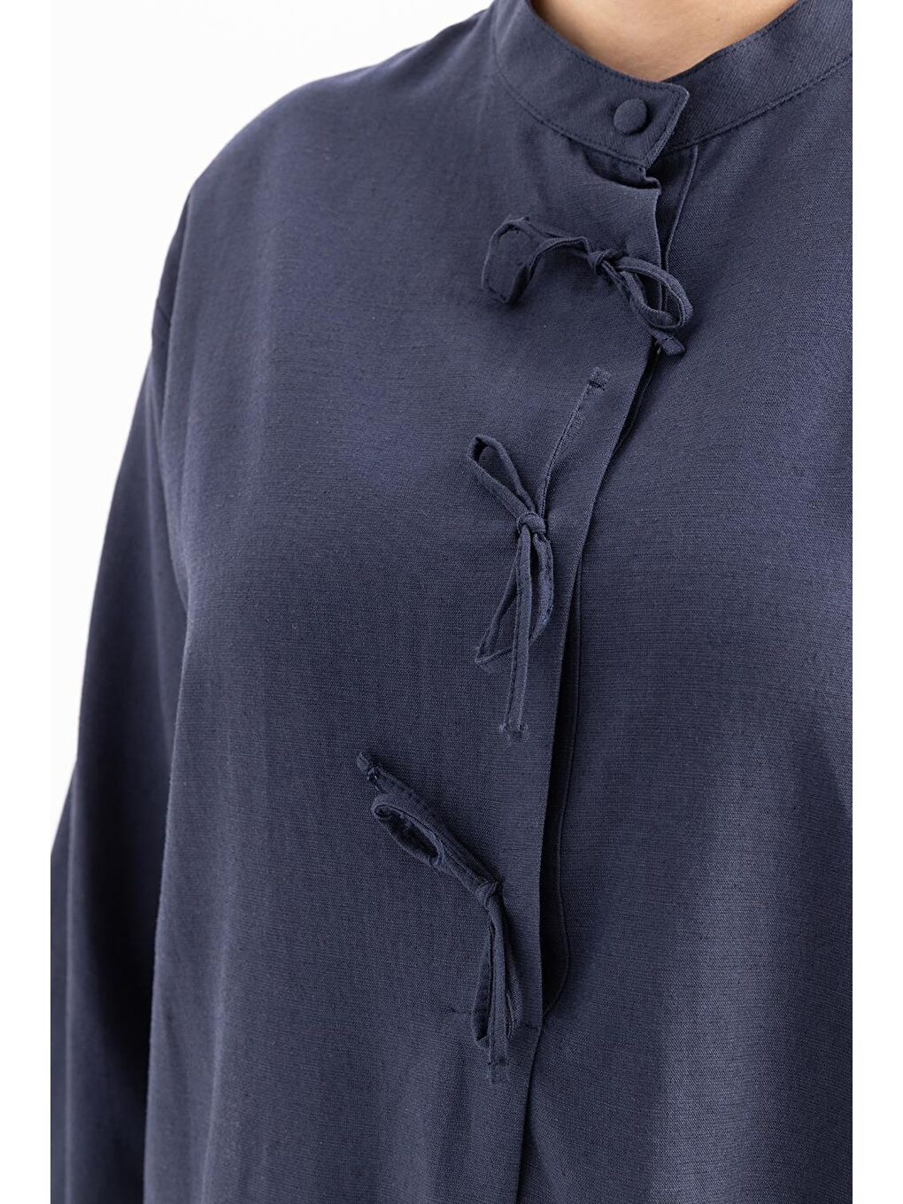 Lacivert İndigo-Yarım Patlı Bağlamalı Keten Tunik-3