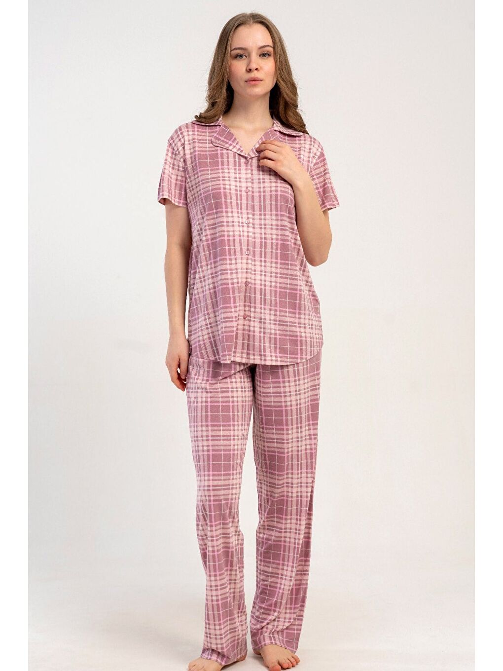 Gömlek Yaka Önden Düğmeli Pijama Takımı Pembe-512196-2