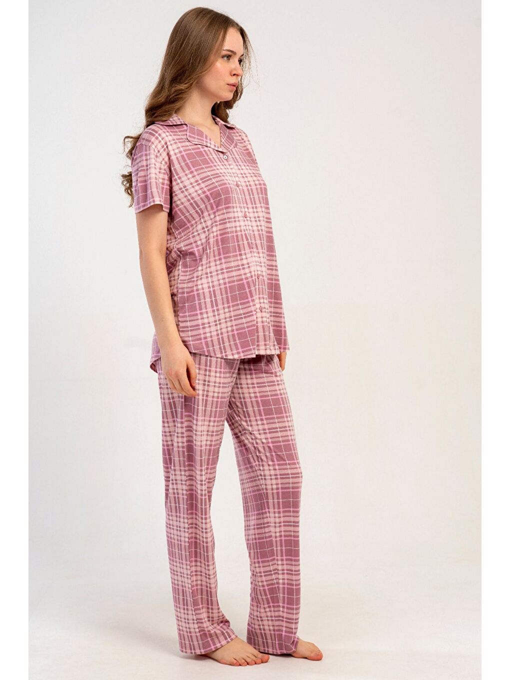 Gömlek Yaka Önden Düğmeli Pijama Takımı Pembe-512196-3